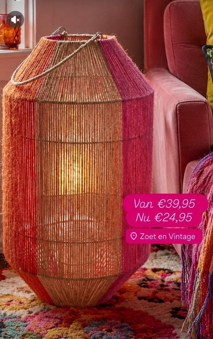 Groot windlicht van touw, rood/oranje/roze, Ophalen, Bohemian, Natuurlijk materiaal, Meerkleurig