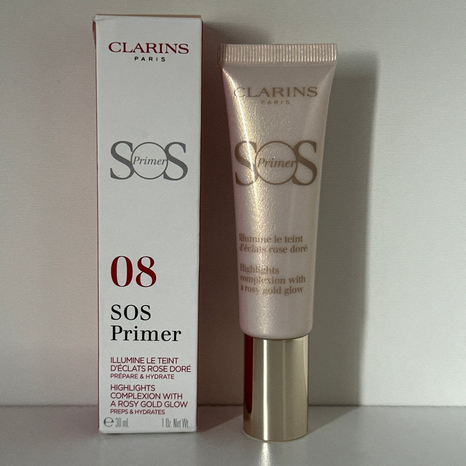 Clarins SOS Primer 30 ml #08 Rosy Gold Pearls#, Ophalen of Verzenden, Nieuw, Gehele gezicht, Verzorging