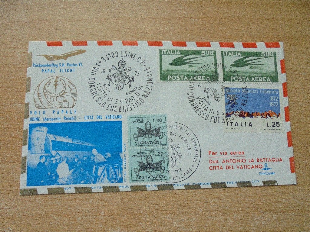 Italie. Pauselijke vlucht 1972.  Frankering Italie/vaticaan, Ophalen of Verzenden, Buitenland