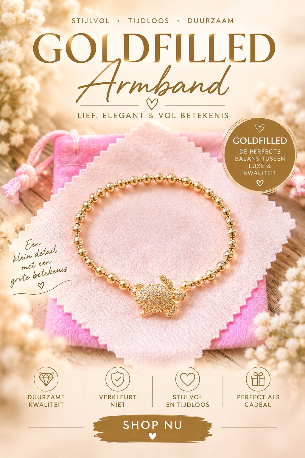 Goldfilled schildpad armband met zirconia, Nieuw, Ophalen of Verzenden, Goud, Goud