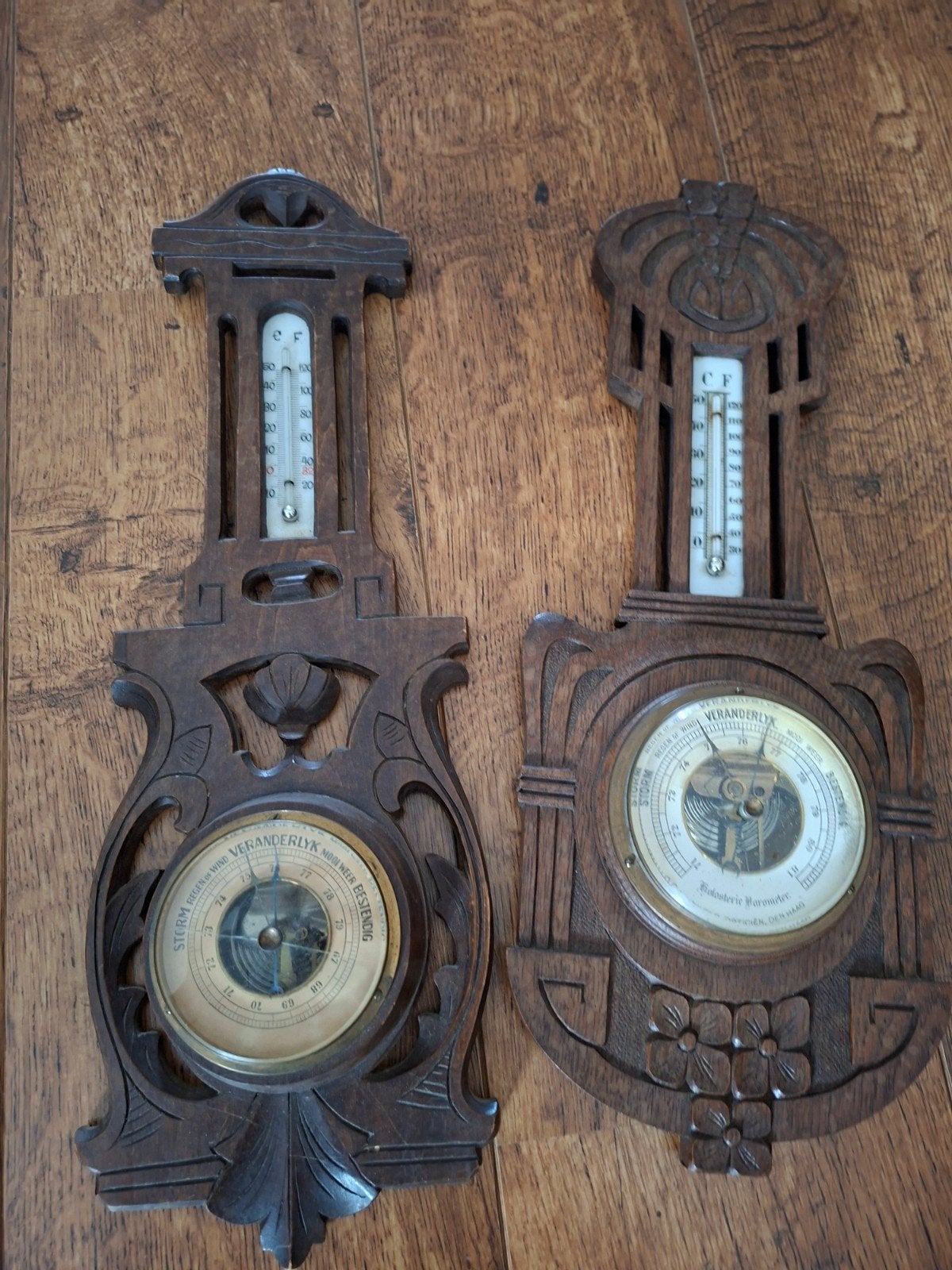 Antieke Barometer en Thermometer Set - Houtsnijwerk, Ophalen of Verzenden, Gebruikt, Weerstation