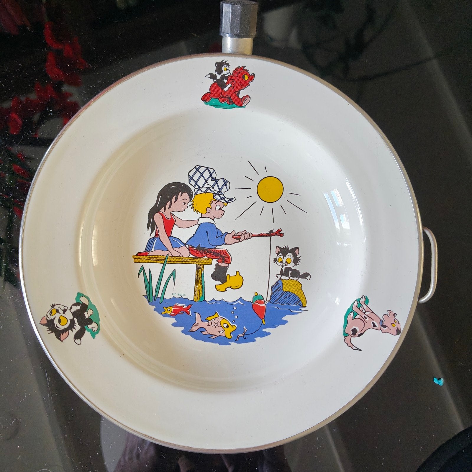 Vintage warmhoudbordje met kinderillustraties, Ophalen of Verzenden