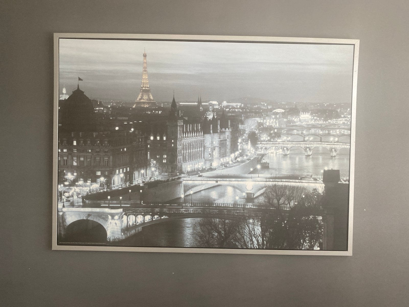 Canvas Parijs: Eiffeltoren en Seine bij nacht, Huis en Inrichting, 50 – 75, Ophalen of Verzenden, 75 tot 100 cm, Print