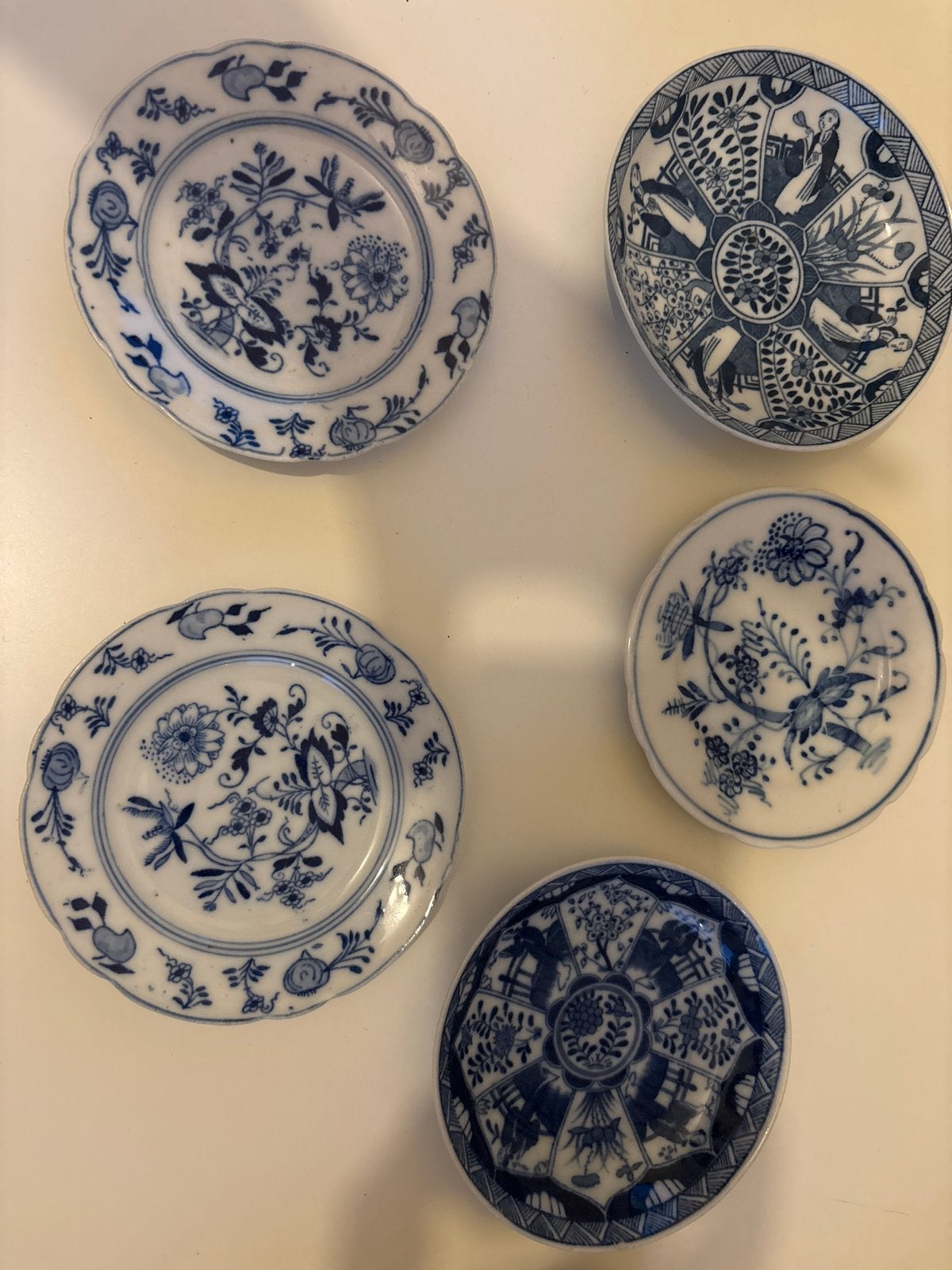 Set van 5 antieke blauw-witte bordjes/schoteltjes, Ophalen of Verzenden