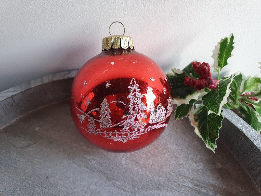Vintage kerstbal rood dorpje 263, *, Gebruikt, *, Ophalen of Verzenden