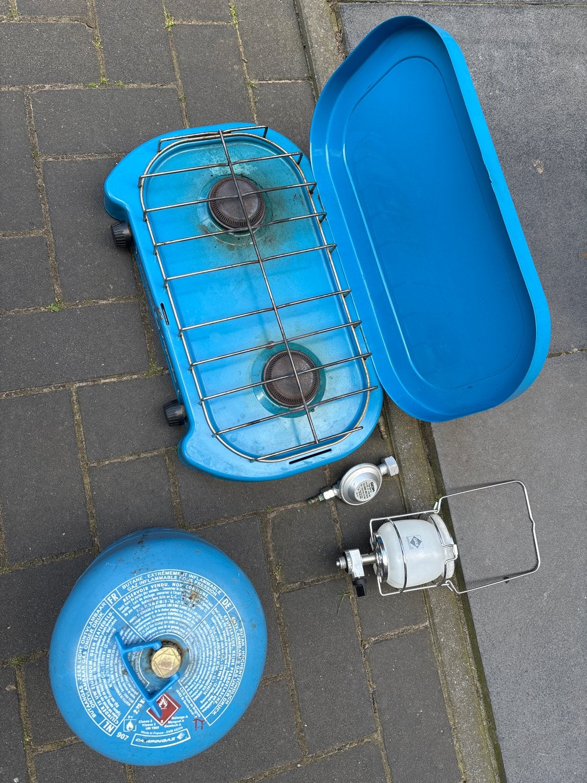 Campingaz 2-pits kooktoestel met gasfles en lamp, Ophalen of Verzenden, Gebruikt