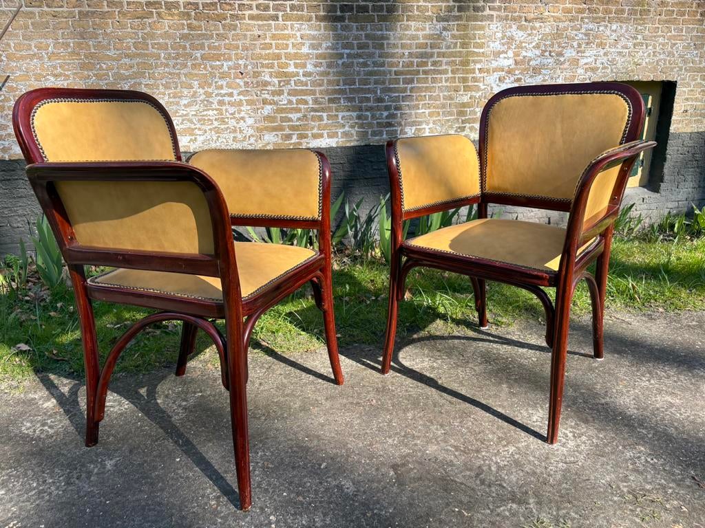 Art nouveau / Wiener Secession / Art deco armstoelen, Huis en Inrichting, Stoelen, Zo goed als nieuw, Twee, Leer, Bruin, Ophalen