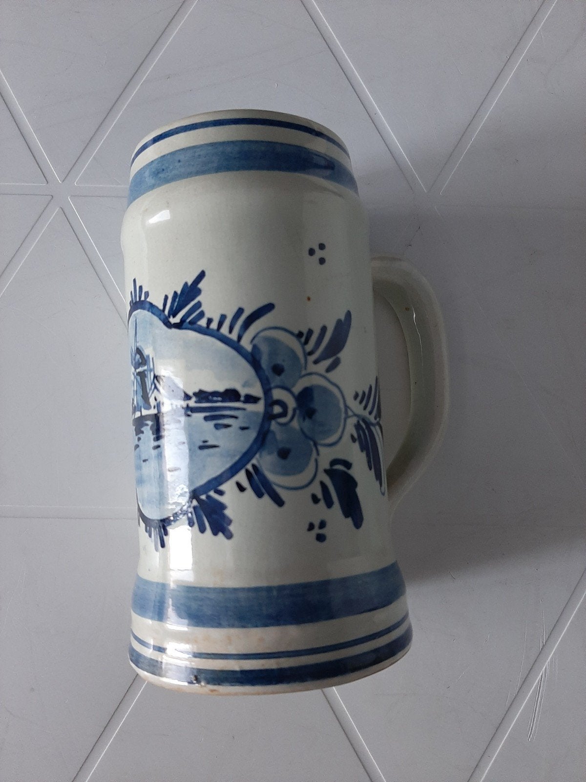 Delfts Blauw Handgeschilderde Bierpul met Molen, Ophalen of Verzenden