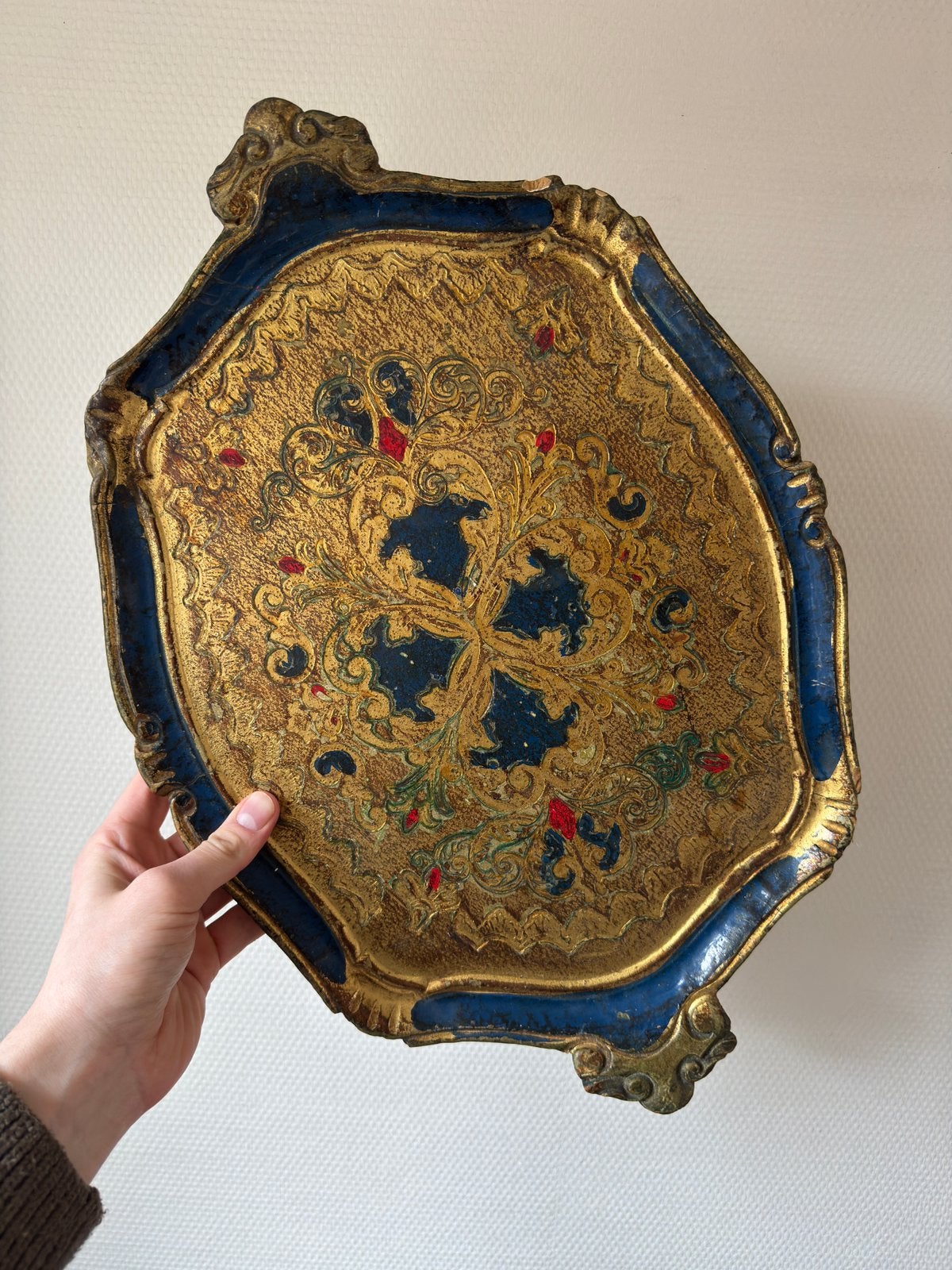 Vintage Brocante Houten Venetiaans Dienblad, Goud en Blauw, Ophalen of Verzenden