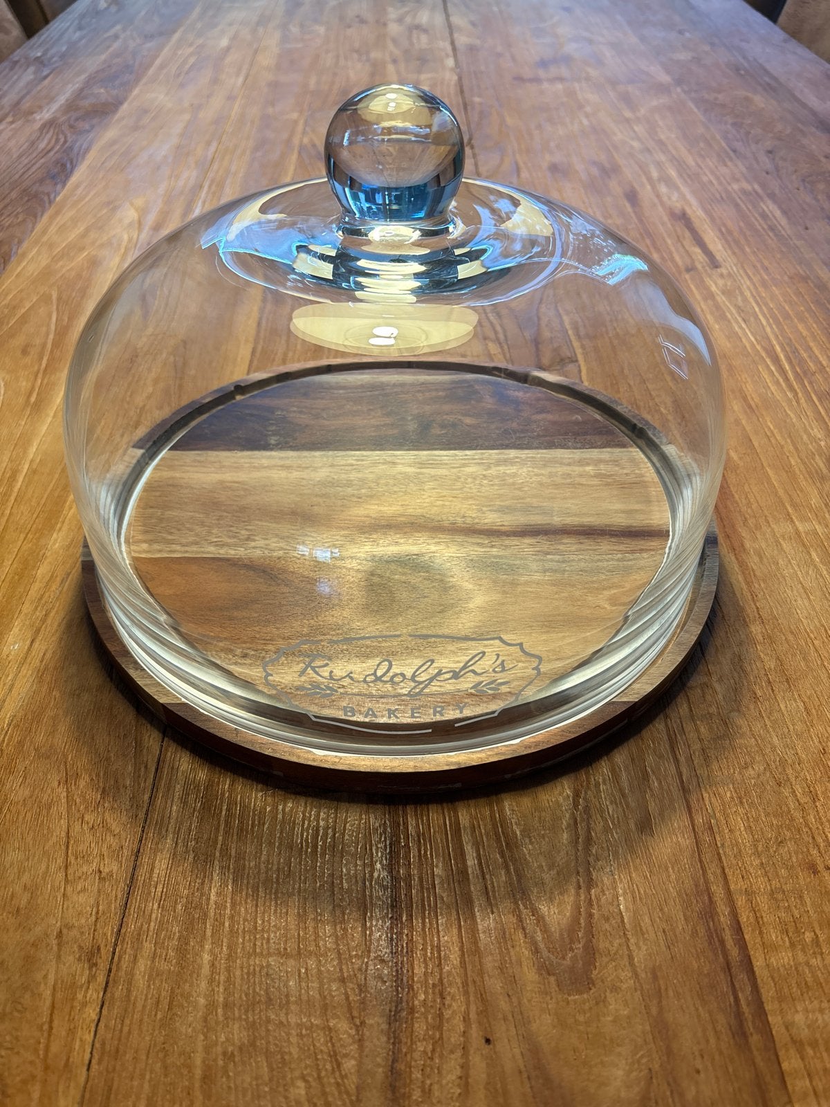 Glazen stolp met houten plateau - Rudolph's Bakery, Glas, Ophalen, Zo goed als nieuw, Met plateau