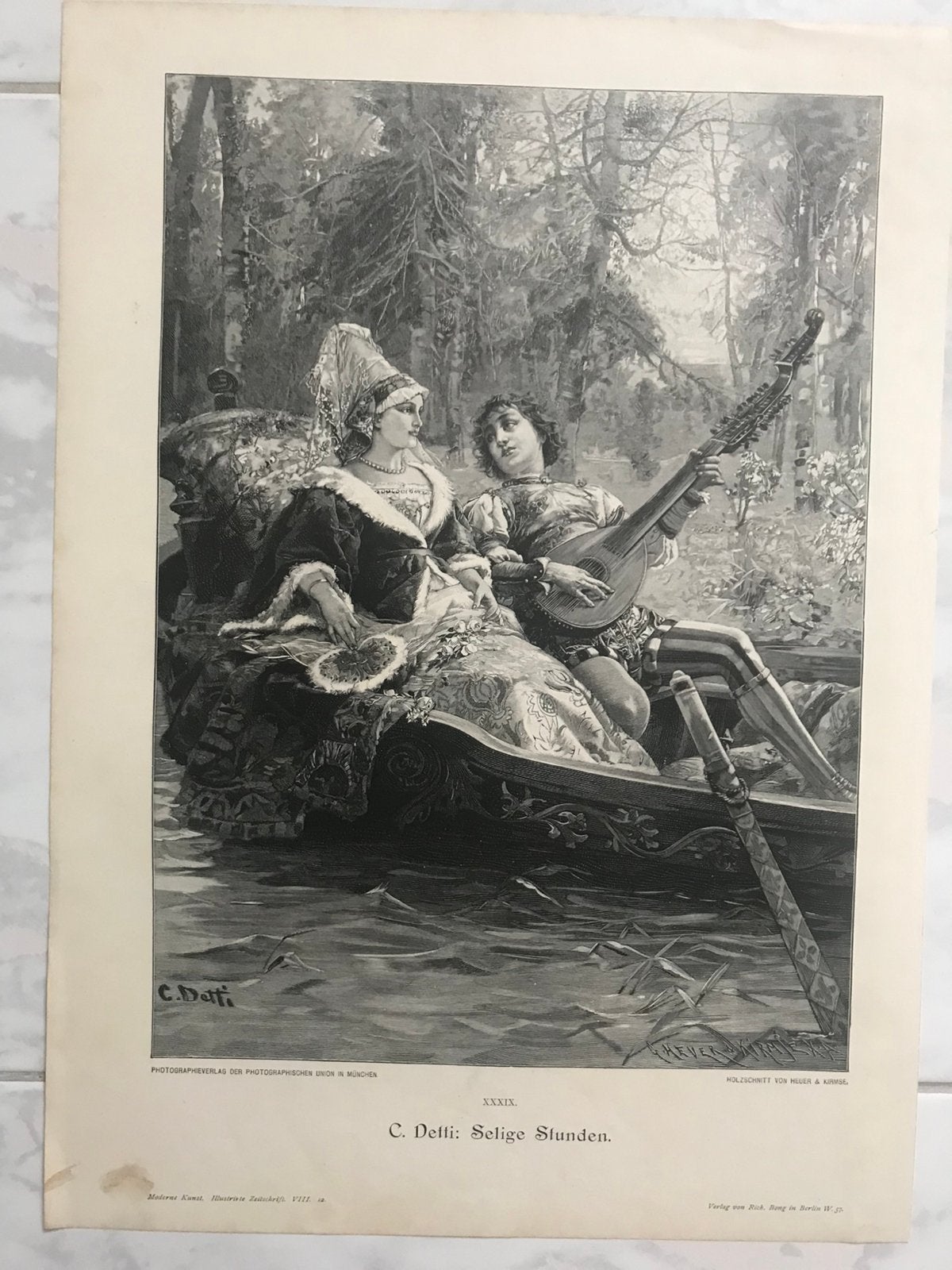 C. Detti: Selige Stunden, 1896, or. gravure, 32x23cm. Mooi!, 2000 tot heden, Origineel, 23 cm, Ophalen of Verzenden