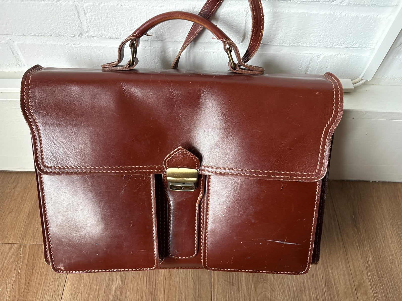 Vintage Leren Aktetas/Schoudertas - Bruin, Ophalen of Verzenden, Gebruikt, Bruin