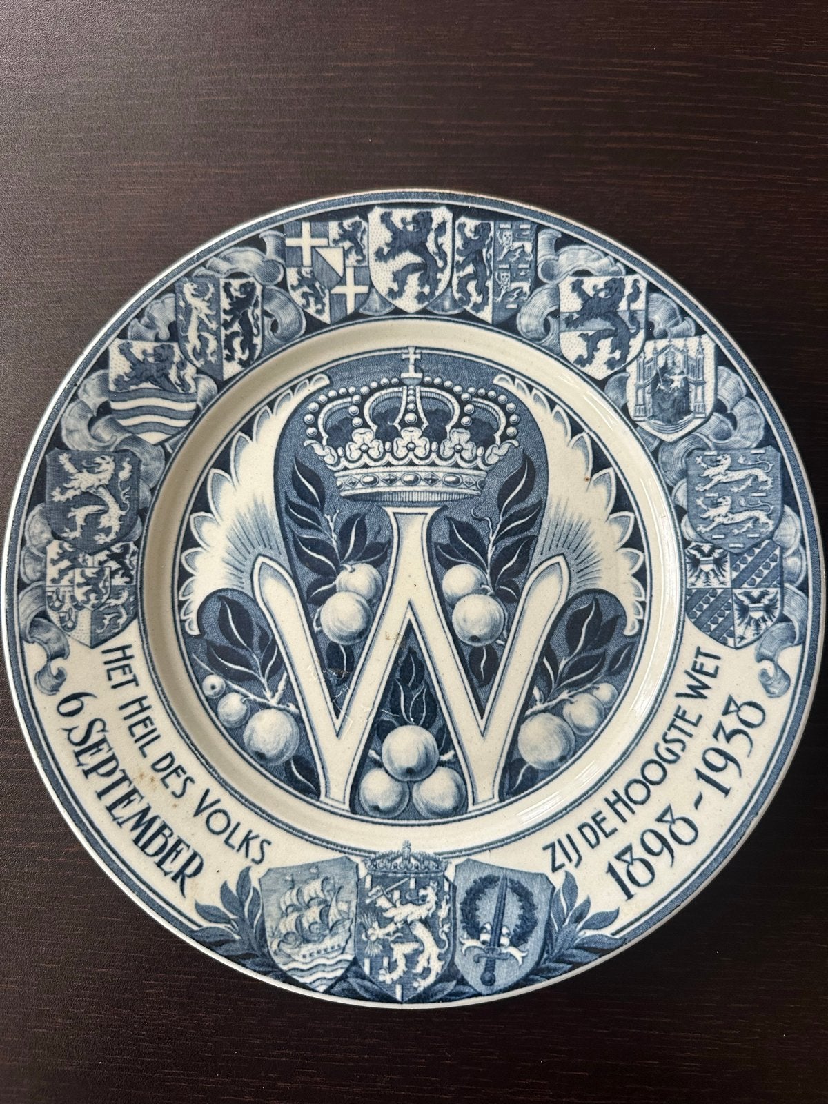 Huldebord Wilhelmina 1898-1938 Société Céramique, Ophalen of Verzenden