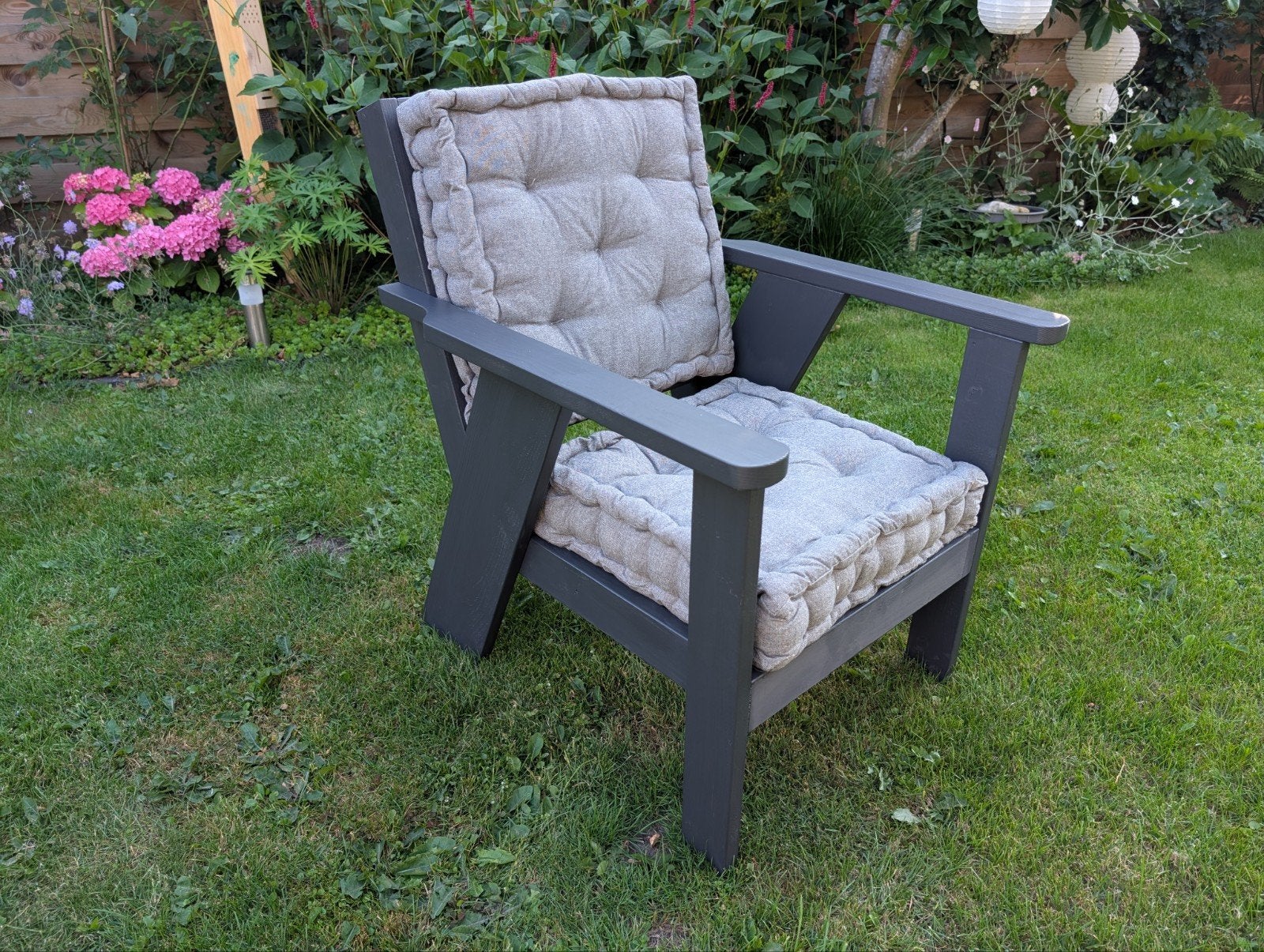 Unieke Steigerhouten Fauteuil met Kussens - Antraciet, Ophalen of Verzenden, Zo goed als nieuw, Hout