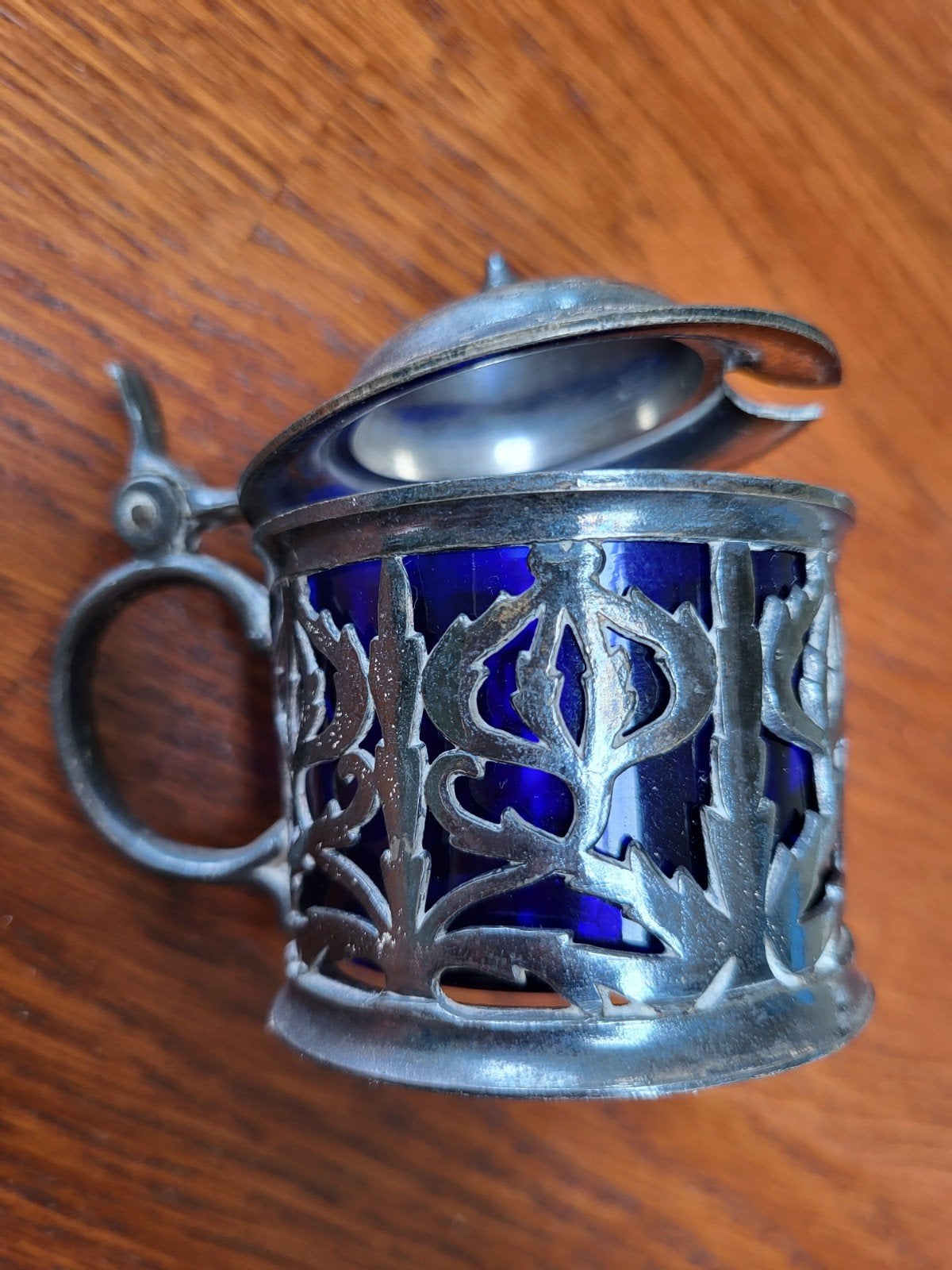 Antieke Verzilverde Mosterdpot met Kobaltblauwe Glazen Binne, Antiek en Kunst, Ophalen of Verzenden