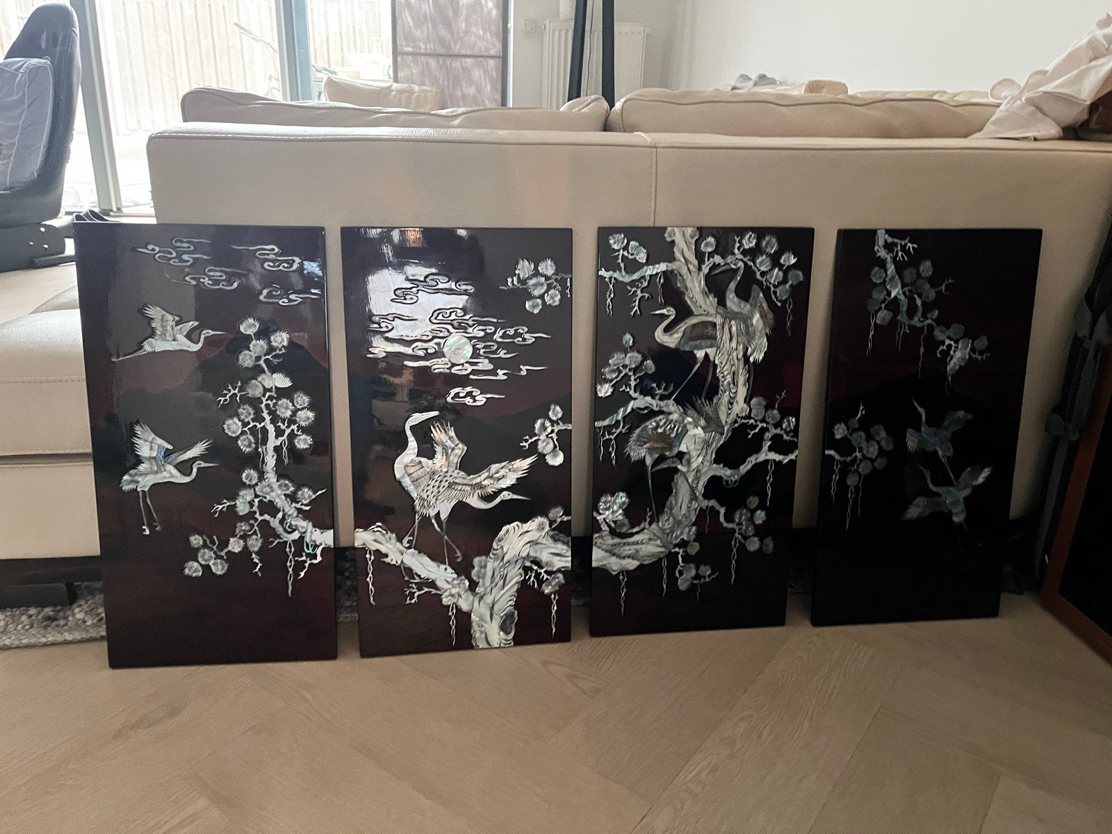 Set van 4 Aziatische kunstpanelen met parelmoer inleg, Ophalen of Verzenden, Zo goed als nieuw, Overige onderwerpen