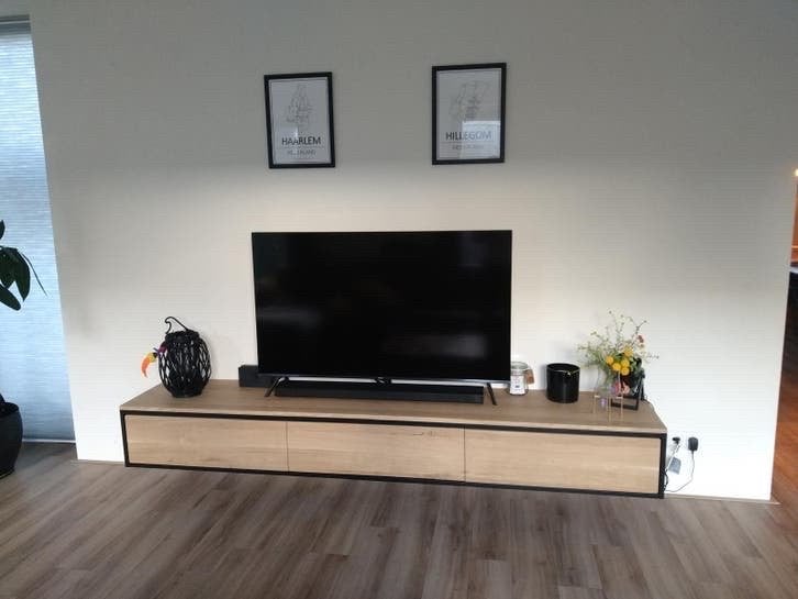 Eikenhout TV meubel industrieel & zwevend | Rowan - 240 cm, Ophalen, Eikenhout, Nieuw, 200 cm of meer