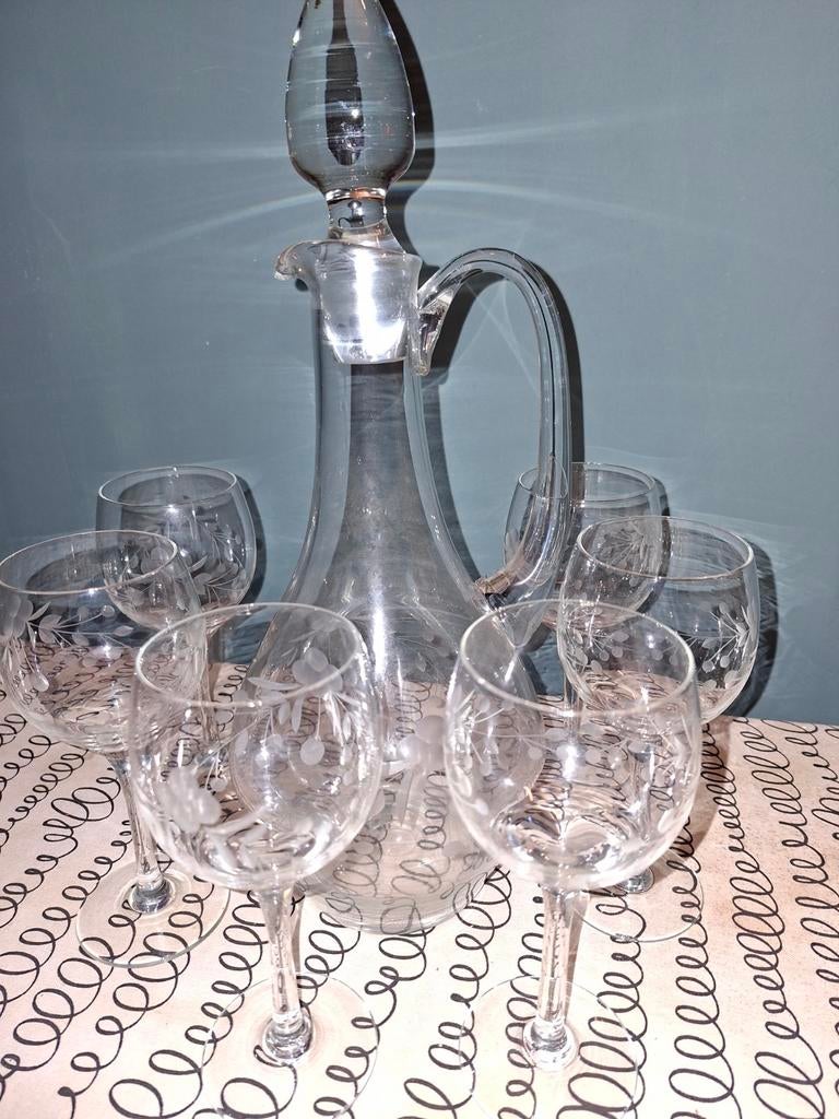 Vintage Glazen Karaf met 6 Wijnglazen, Antiek en Kunst, Antiek | Glas en Kristal, Ophalen of Verzenden