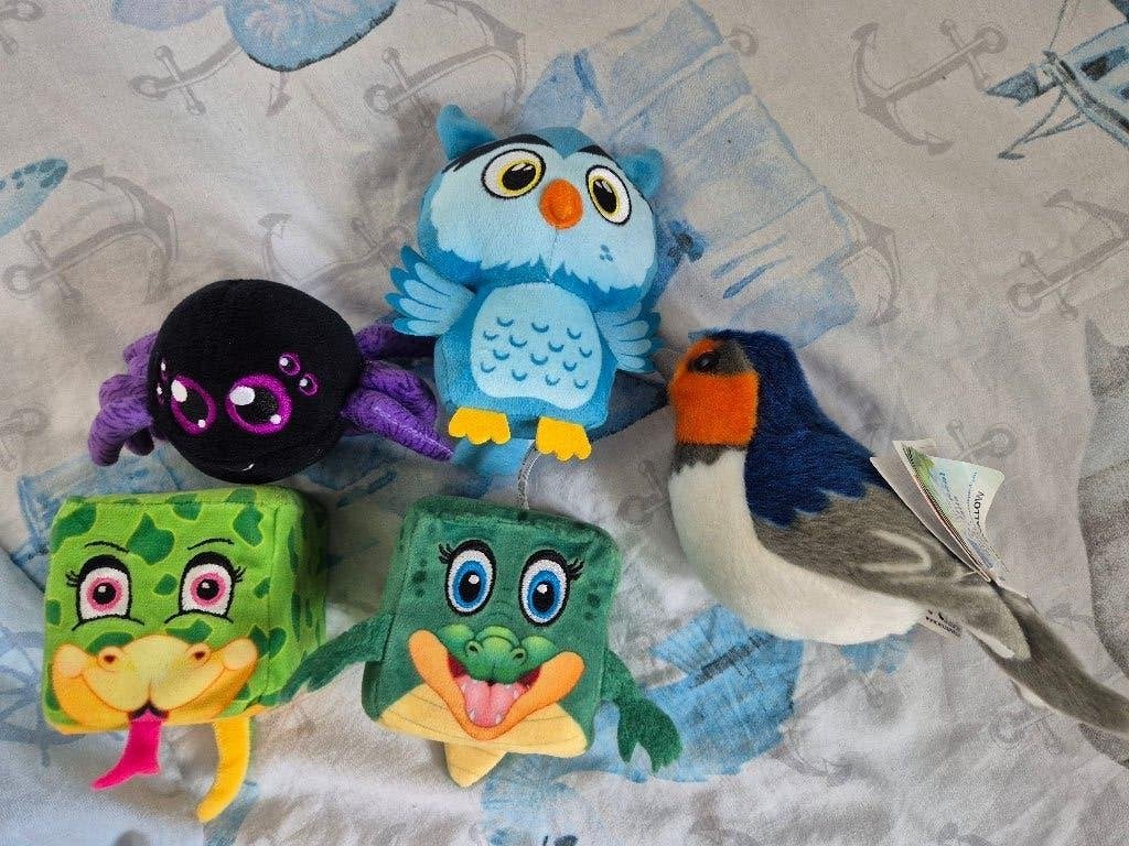 Leuke knuffels: vogel, uil, spin en meer!, Overige typen, Ophalen of Verzenden, Zo goed als nieuw, Meerkleurig