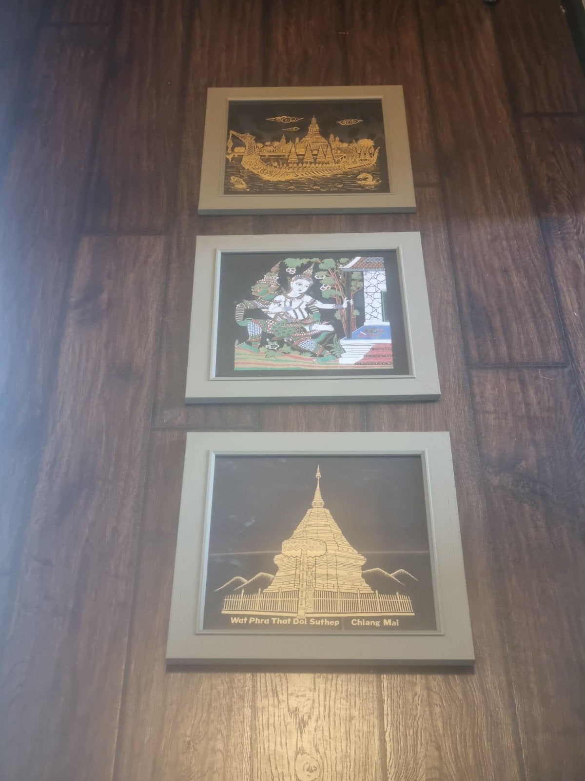Set van 3 Thaise kunstwerken in lijst, Schilderij, Ophalen of Verzenden, Meerkleurig, Overige herkomsten
