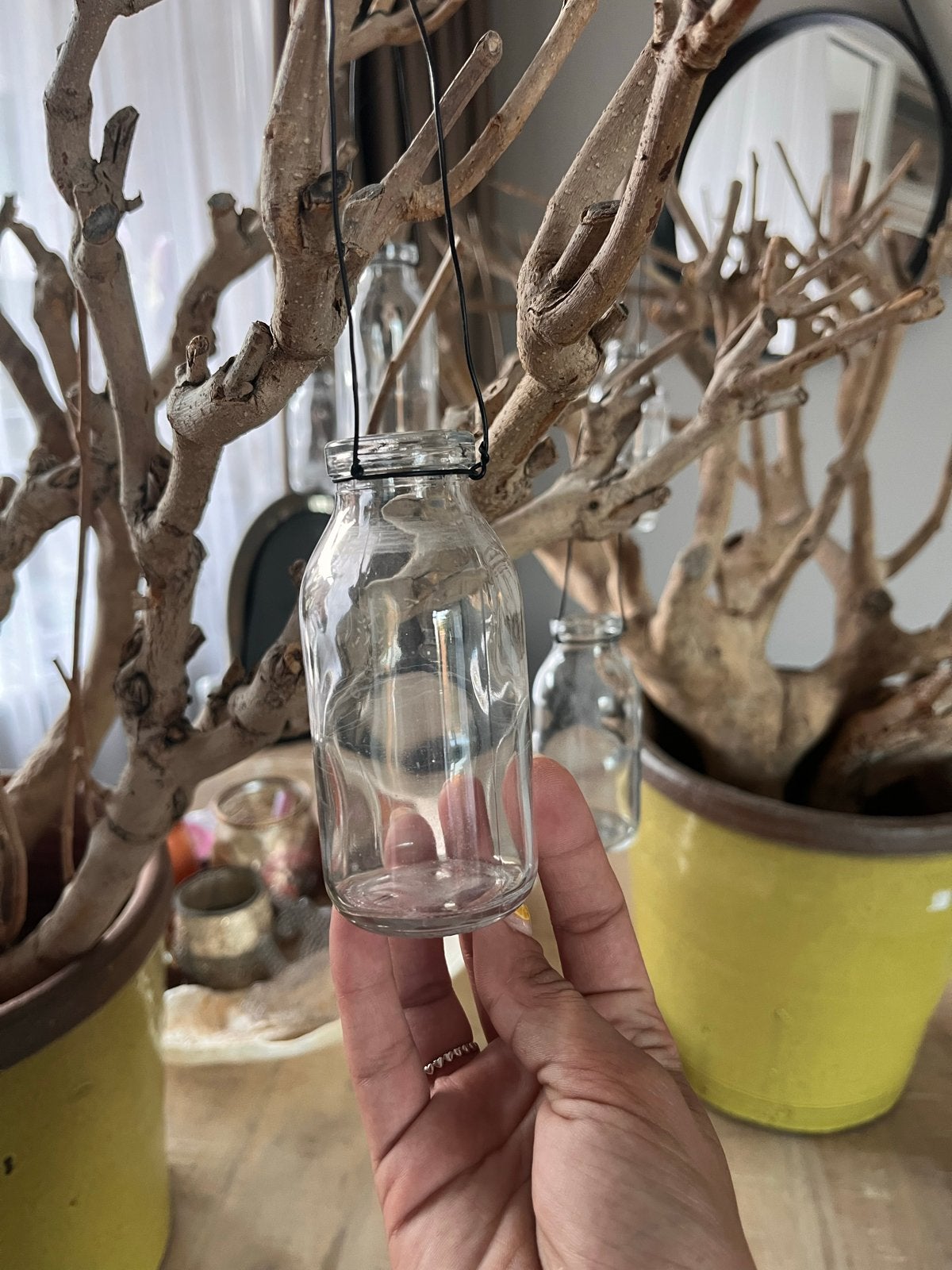 Decoratieve Ghostwood takken in pot met glazen flesjes, Huis en Inrichting, Ophalen, Hout, Gebruikt, Landelijk