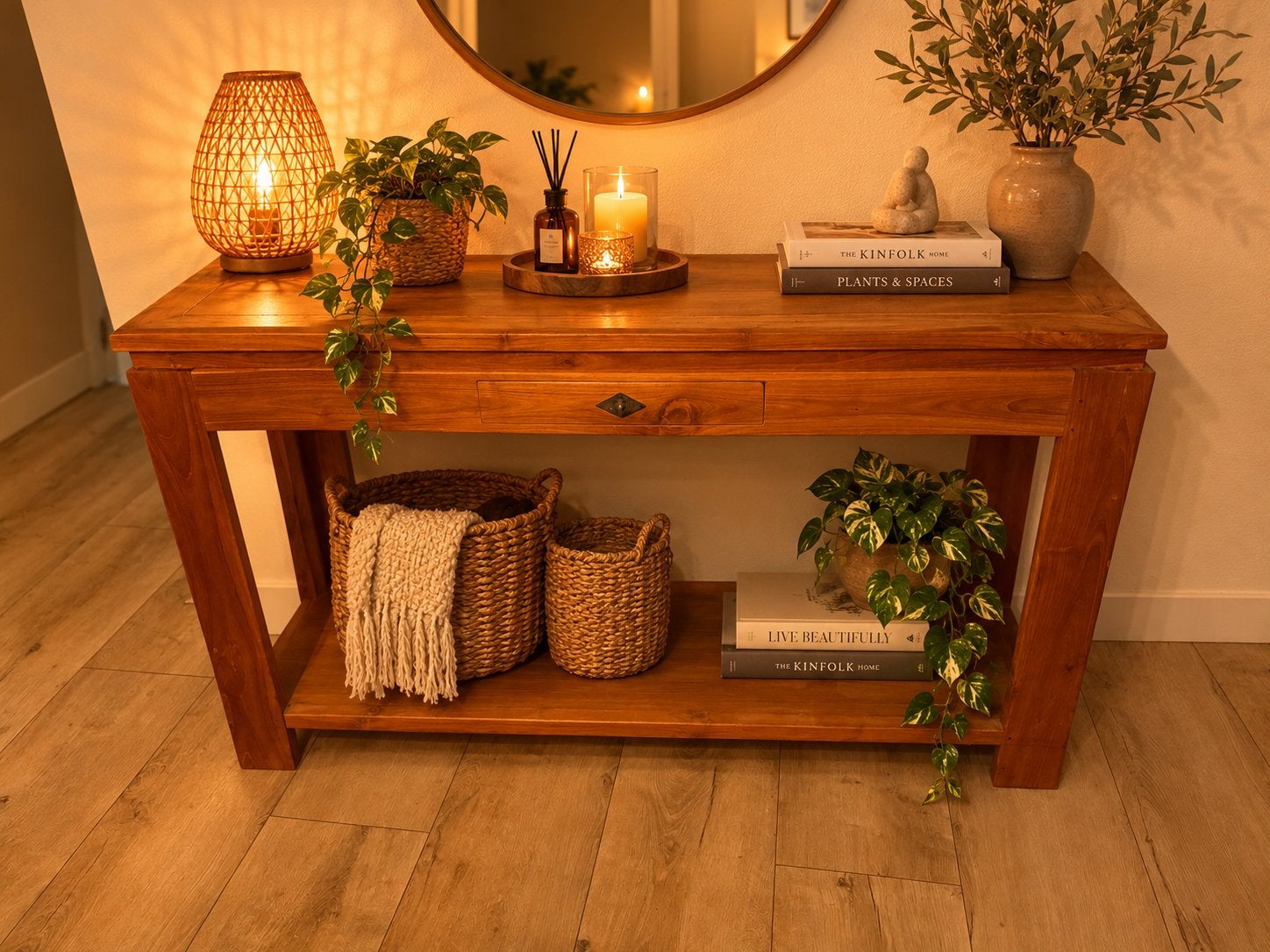 Massief Teak Houten Sidetable - 140x45x80 cm, Gebruikt, 100 tot 150 cm, Teakhout, Ophalen of Verzenden