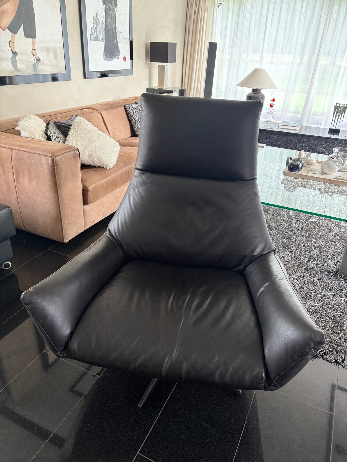 2x Leren Draaifauteuil Zwart DS Wim Chilline met Hocker, Ophalen, Gebruikt, Leer, 75 tot 100 cm