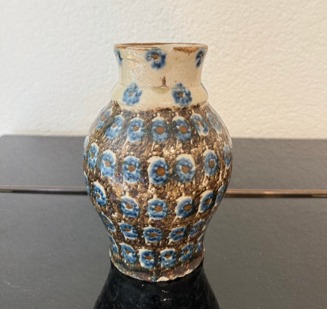 Vintage Aardewerk Vaas met Blauwe Bloemenpatroon, Ophalen