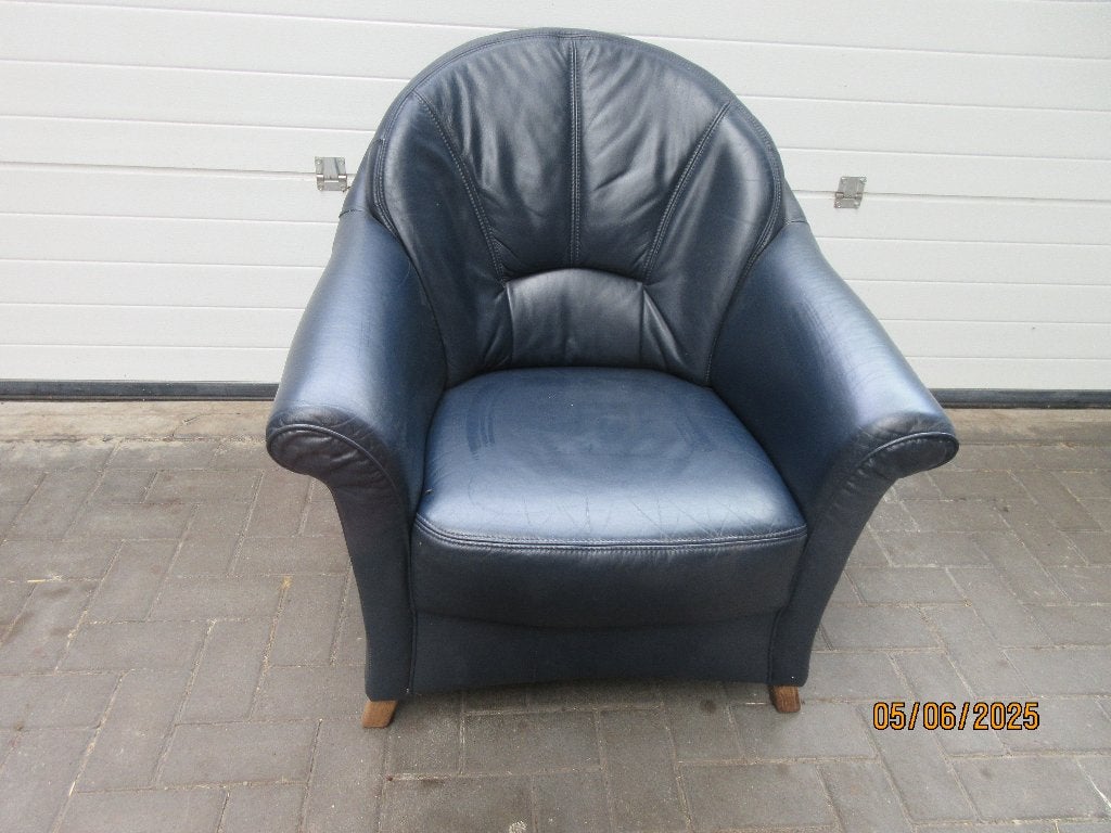 donkerblauwe leren fauteuil, Ophalen, Gebruikt, 75 tot 100 cm, Leer