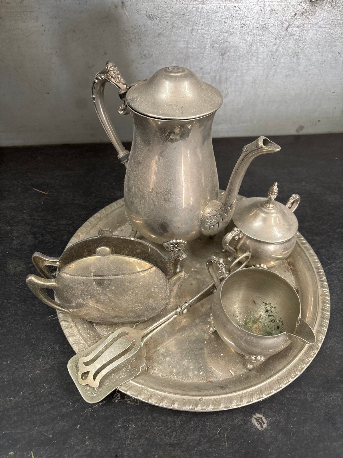 Antiek verzilverd theeservies met dienblad, Ophalen of Verzenden, Zilver