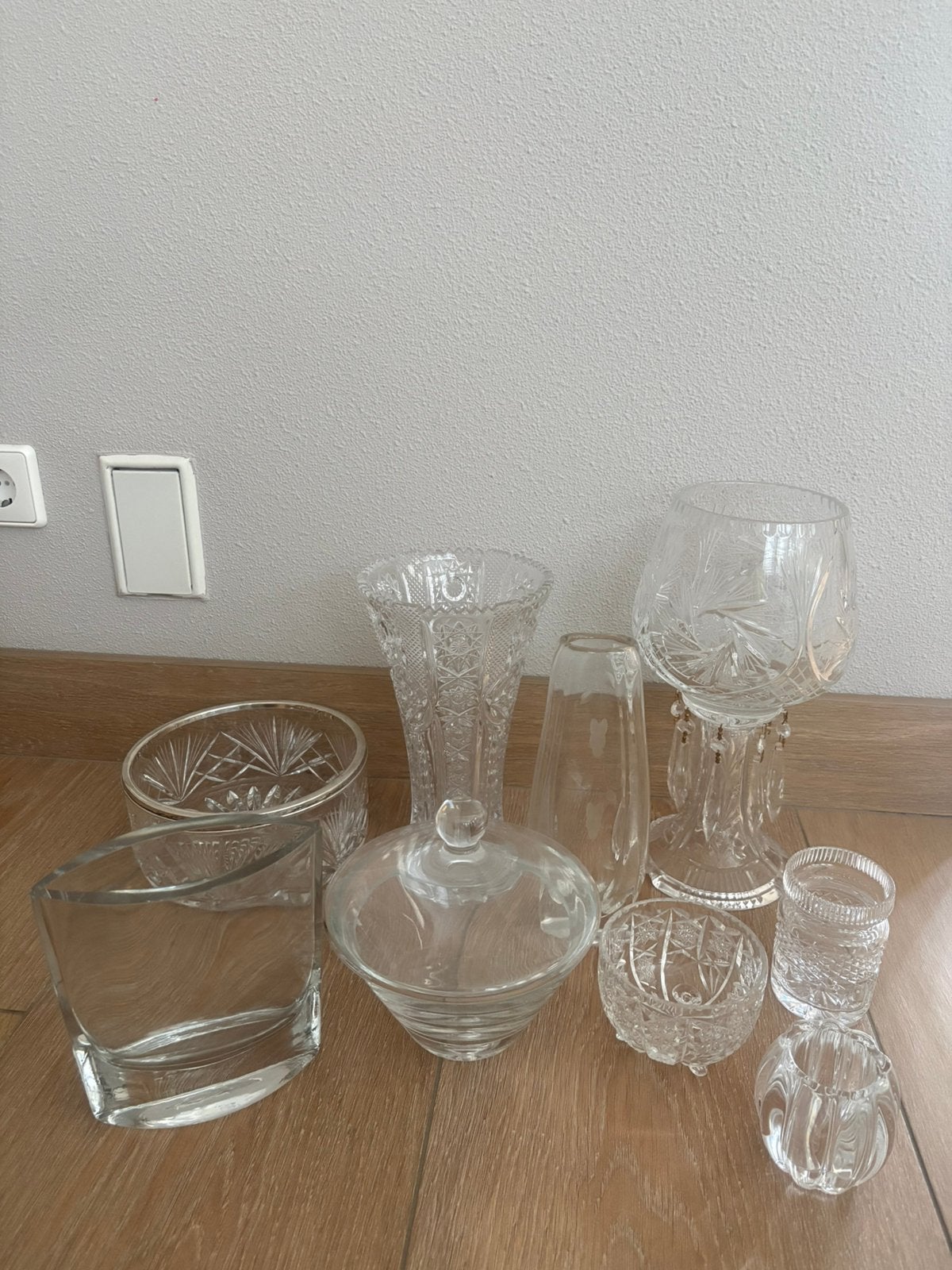 Kristallen vazen, windlicht, lepelvaasjes, bonbonschaaltje, Antiek en Kunst, Ophalen of Verzenden