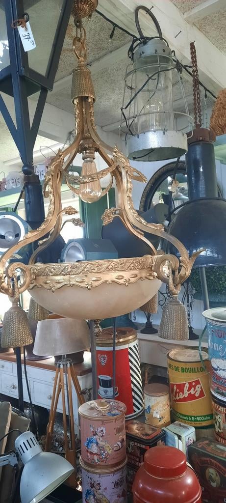 Antieke Gouden Kroonluchter met albast schaal, Ophalen