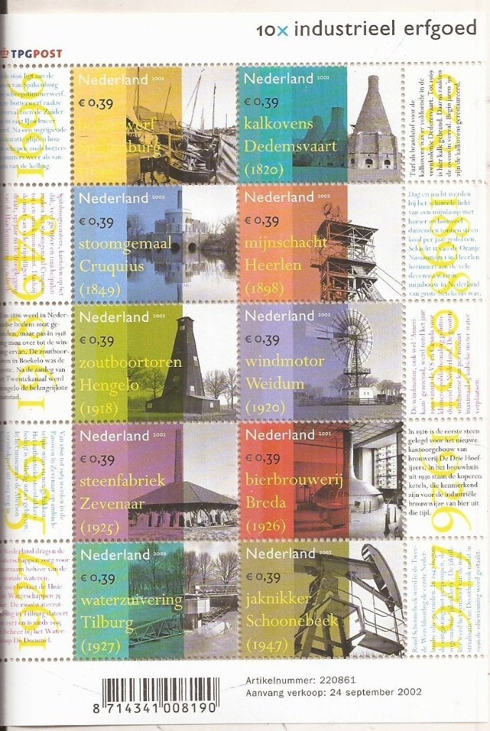 Nederland 10x Industrieel Erfgoed velletje NVPH V2104-2113, Ophalen of Verzenden, Na 1940, Postfris