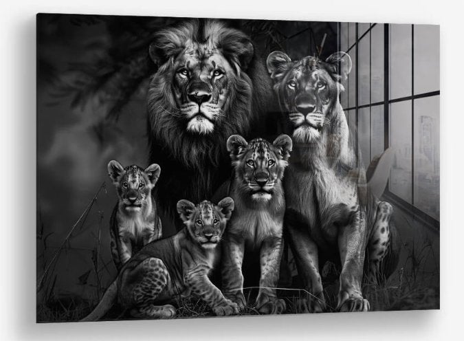 Glasschilderij The Lion Family II 80x120 - Gehard glas, Ophangklaar, Glas, Ophalen of Verzenden, Dieren
