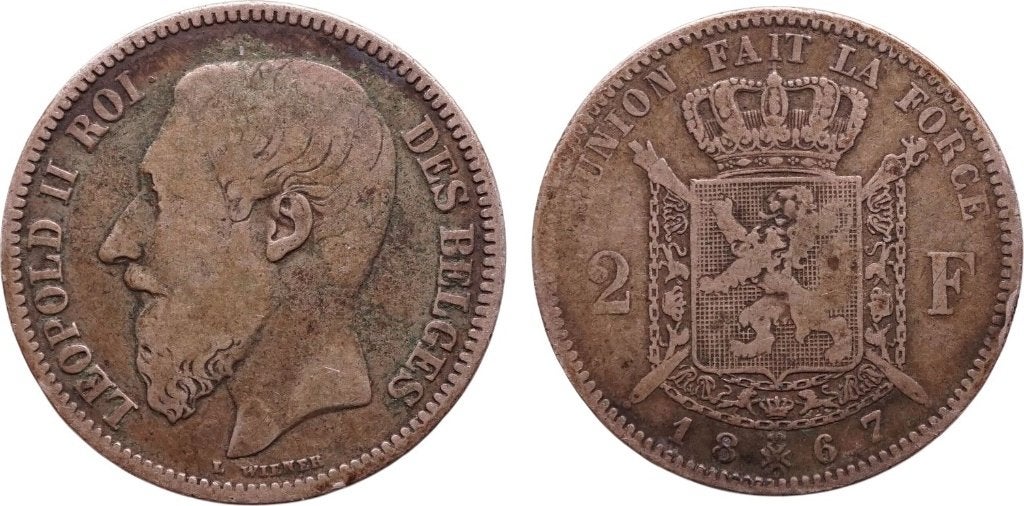 2 Frank 1867, Belgie, Leopold II, Ophalen of Verzenden, Zilver, Losse munt, Zilver
