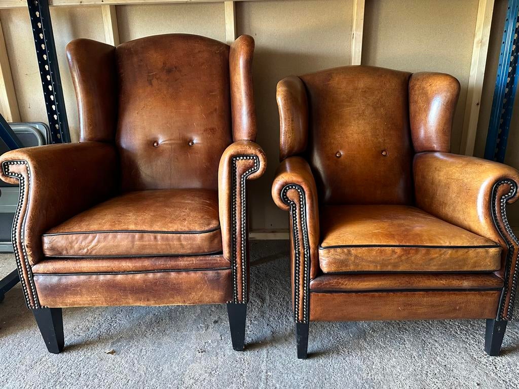 Set schapenleren oorfauteuils. Lounge Atelier., Ophalen, Gebruikt, ., Chesterfield