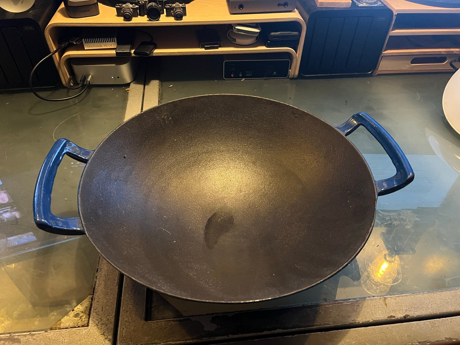 Gietijzeren Wokpan 36 cm met Blauwe Handvatten - Gebruikt, Ophalen, Gebruikt, Gietijzer, Met handvatten