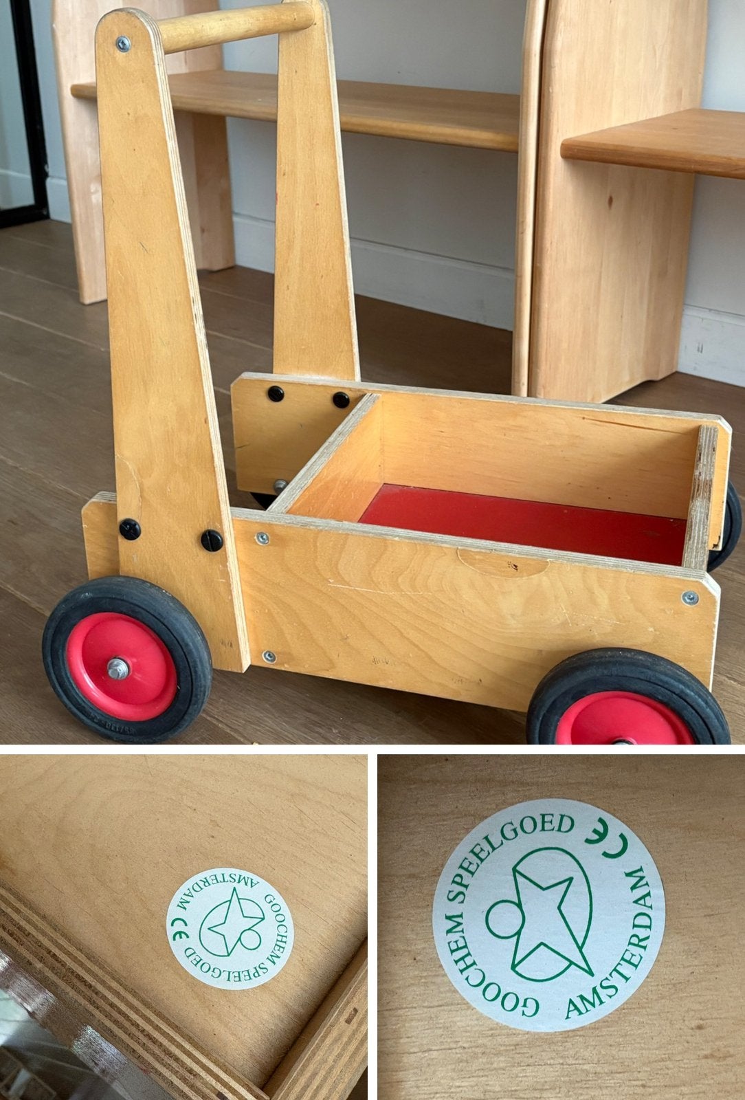 KLEIN PRIJSJE Houten loopwagen Gooichem Speelgoed Amsterdam, Ophalen, Zo goed als nieuw, Duw- of Trekspeelgoed