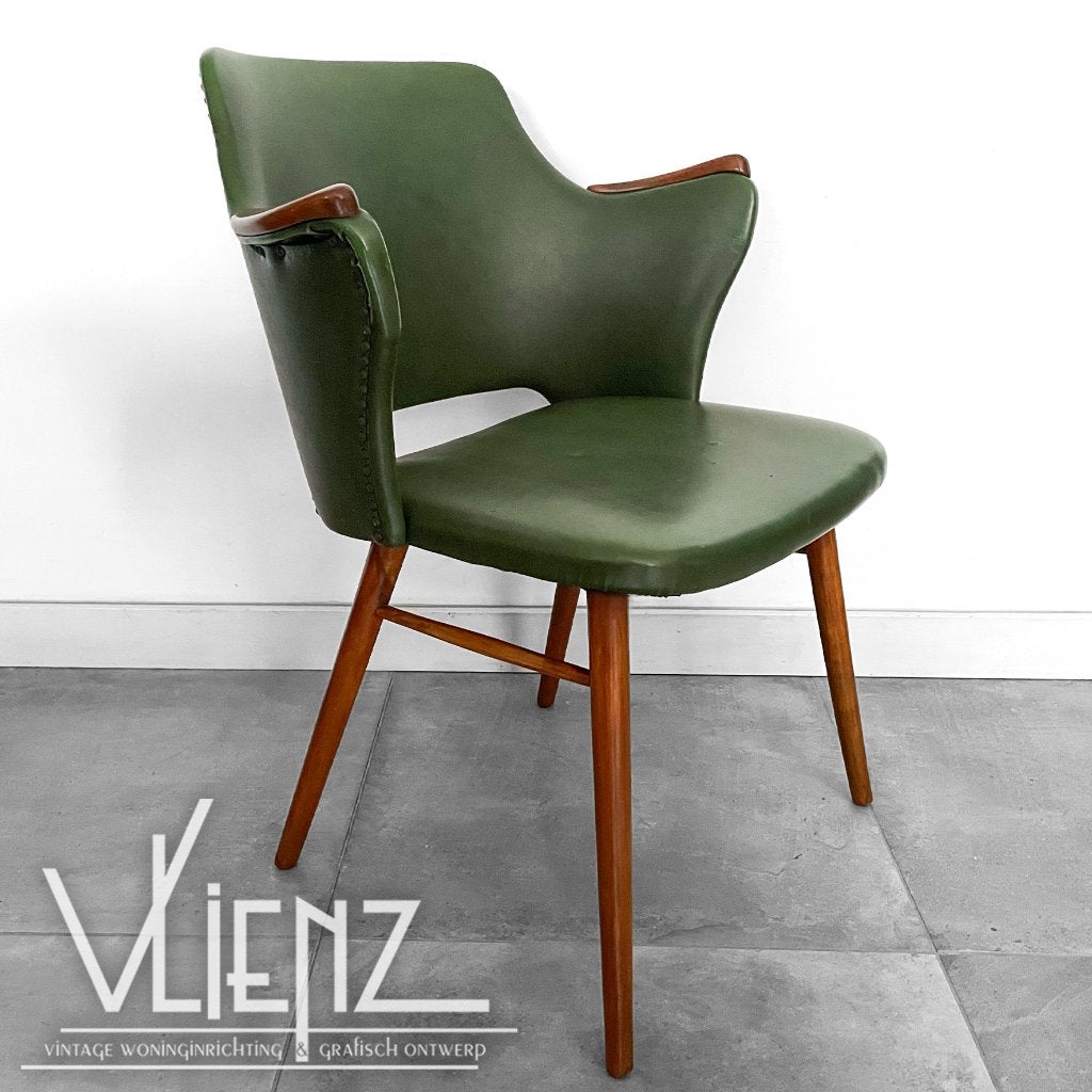 Midcentury, vintage stoel met houten armleuningen groen, Ophalen, Huis en Inrichting