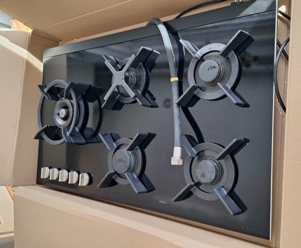Inbouw Atag Gas op glas kookplaat 90cm incl pannenset, Ophalen, Gebruikt, Inbouw, Gas