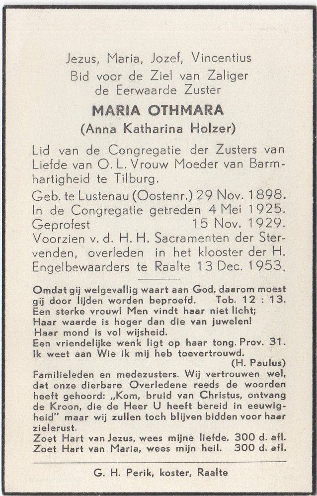 zr. Anna K. Holzer 1898 Lustenau + 1953 Raalte, 55 jaar, Verzenden