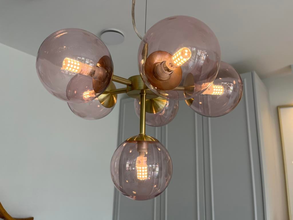 Set van 3 roze en gouden design hanglampen, Ophalen, Gebruikt, Glas