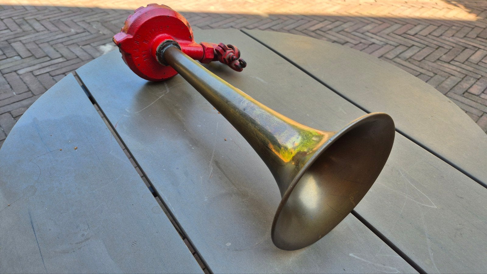 Vintage scheepshoorn / misthoorn - messing en rood gietijzer, Ophalen of Verzenden