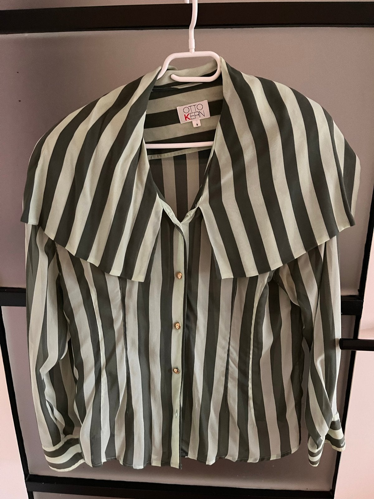 Vintags Otto Kern gestreepte blouse met grote kraag, Ophalen of Verzenden, Zo goed als nieuw, Maat 36 (S), Groen