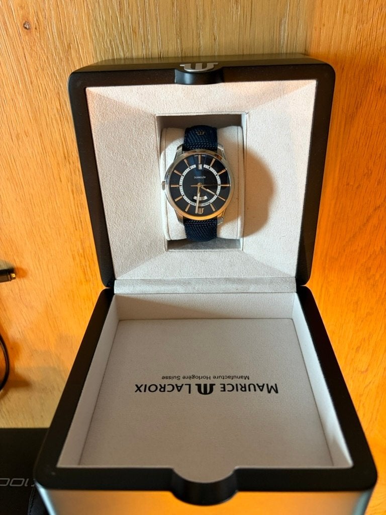 Maurice Lacroix Pontos Day Date blauw - doos en papieren, Gebruikt, Staal, Polshorloge, Overige materialen