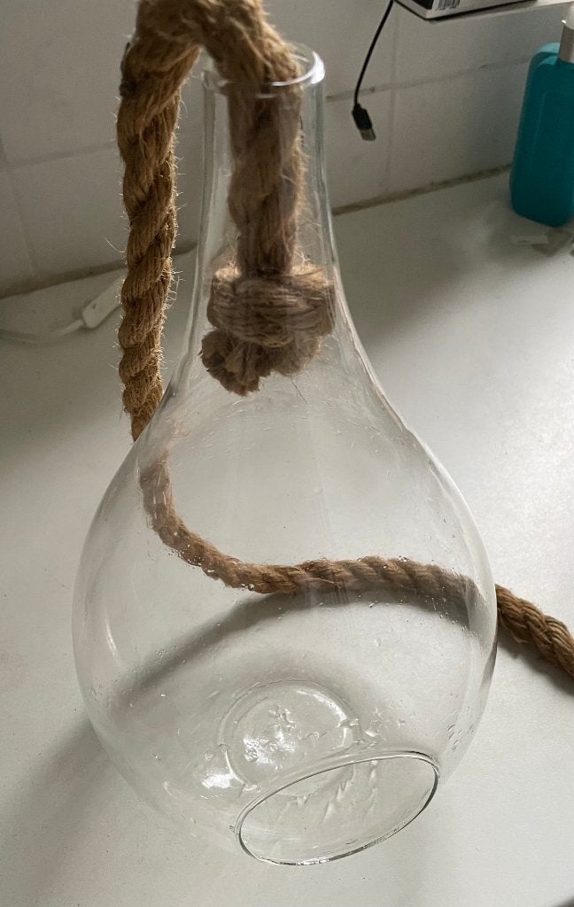 Hangende glazen vaas met gevlochten touw, Geschikt voor buiten, Transparant, 25 cm, Ophalen of Verzenden