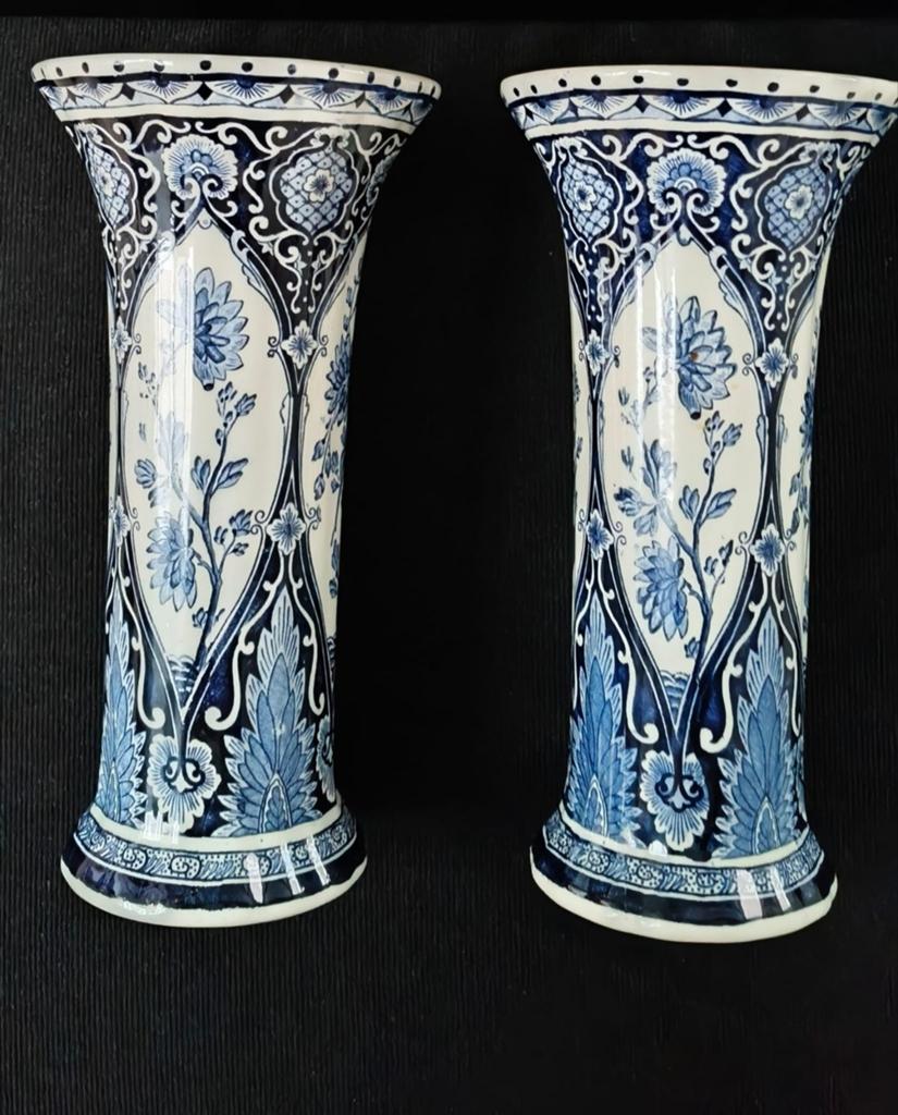 Vintage Delfts Blauwe Trompetvaas set – Royal Sphinx by Boch, Ophalen of Verzenden