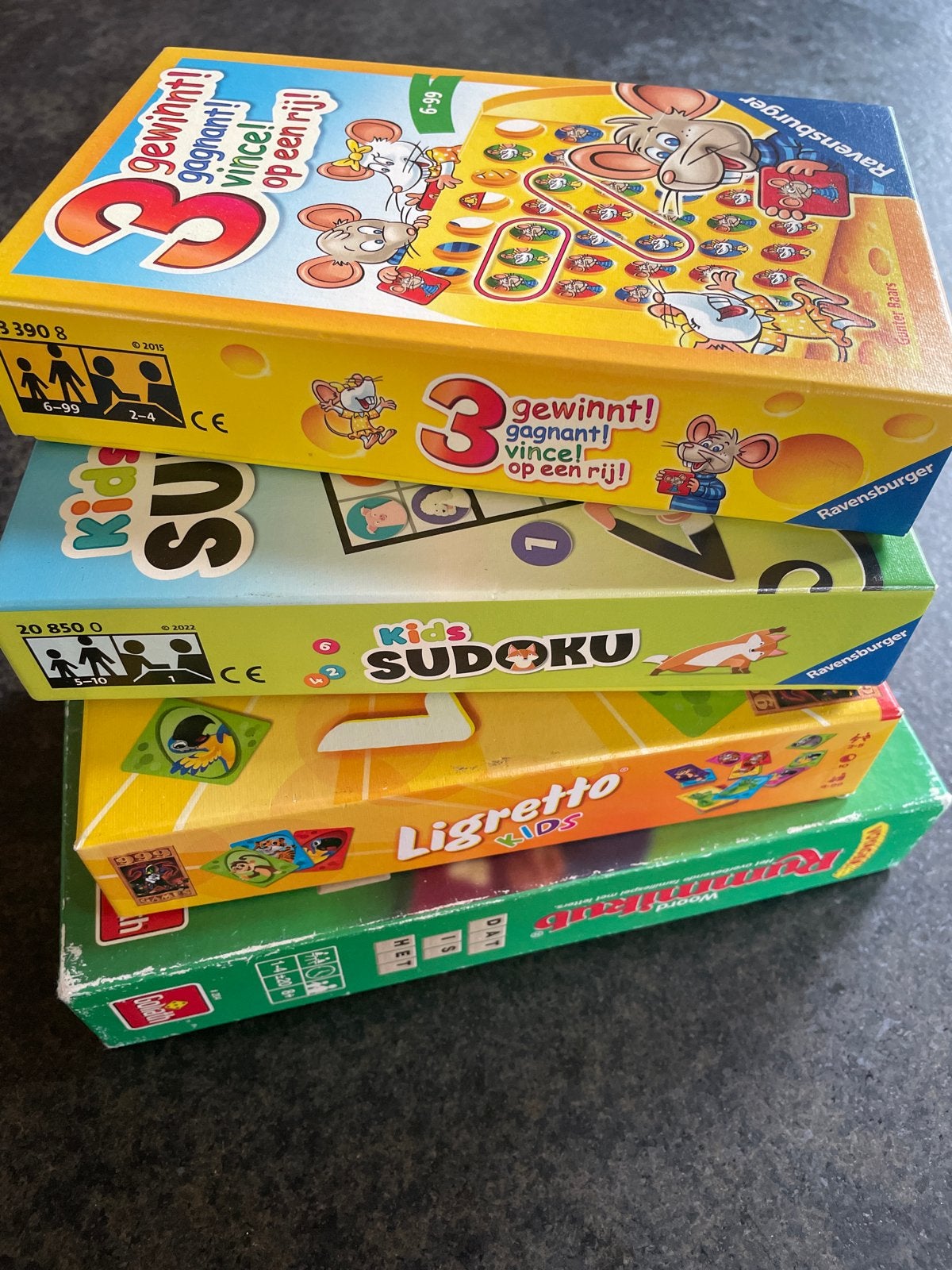 Bordspellen set: 3 wint!, Kids Sudoku, Ligretto Kids, Woord, Hobby en Vrije tijd, Gezelschapsspellen | Bordspellen, Ophalen of Verzenden