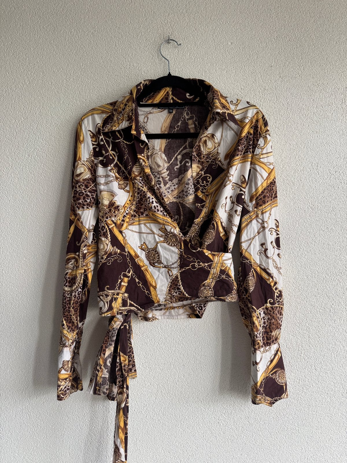Vintage Y2K blouse met barok stijl ketting print, Bruin, Vintage, Vintage, Ophalen of Verzenden