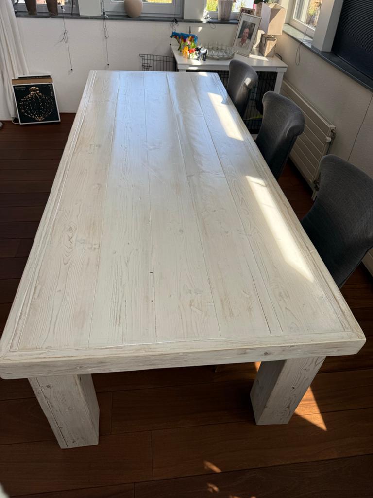 Robuuste witte eettafel van hout, Huis en Inrichting, Tafels | Eettafels, Gebruikt, 100 tot 150 cm, 200 cm of meer, Vijf personen of meer